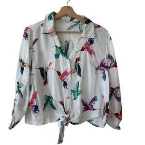 Made In Italy Button-Up Hummingbird Print Tie-Front Blouse Small